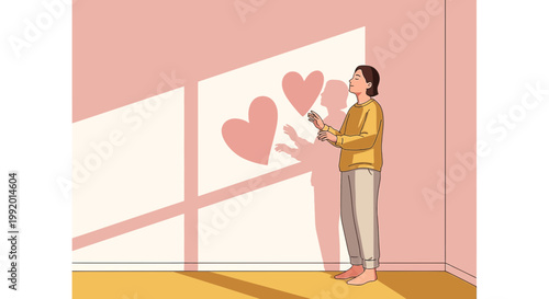 Woman painting heart shapes on wall with shadow, symbolizing love, creativity, and self-expression