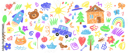 Crayon childish drawings. Kids hand drawn, children pastel chalk pencil doodle scribble baby sketch art cute colorful flower sun rainbow cloud heart qualitative vector illustration