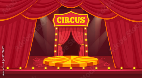 Cartoon circus stage. Carnival arena inside tent, amusement fair scene with red curtain spotlight cartoon background chapiteau show podium platform qualitative vector illustration