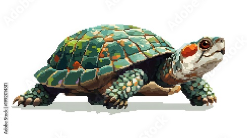 Green turtle pixel art illustration isolated on white background.