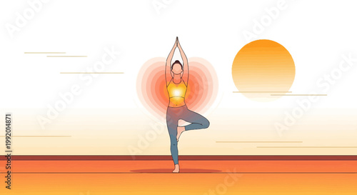 Woman practicing yoga tree pose with glowing heart energy and sunrise