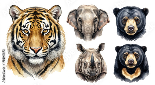 Great Asian Jungle Animals Portrait Set: Tiger, Elephant, Rhino, Sun Bear