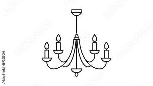 Minimalist Black Line Vector Icon of a Classic Hanging Chandelier with Candles, Featuring Editable Stroke for Customization, Isolated on White Background for Interior Design and Home Decor.