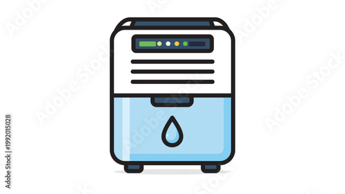 Modern Flat Vector Icon of a Room Dehumidifier Appliance on White Background, Featuring a Water Drop Symbol and Control Panel, Editable Stroke Illustration for Home Climate Control and Air Quality.