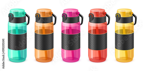 Realistic fitness bottles. Sport water bottle, gym flask 3d tumbler shaker mockup reusable plastic drink cup flip cap lid isolated color container set garish vector illustration