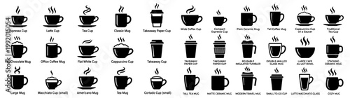 Coffee Cup Icon Set with Espresso Tea Mugs Takeaway Cups and Hot Drink Silhouettes