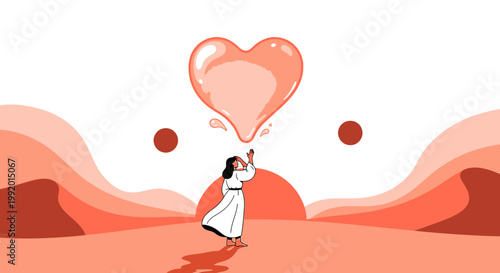 Woman Reaching for Giant Heart Bubble in Desert Landscape