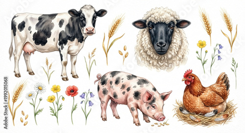 Farmyard Animals and Elements Clipart Set: Cow, Sheep, Pig, Hen