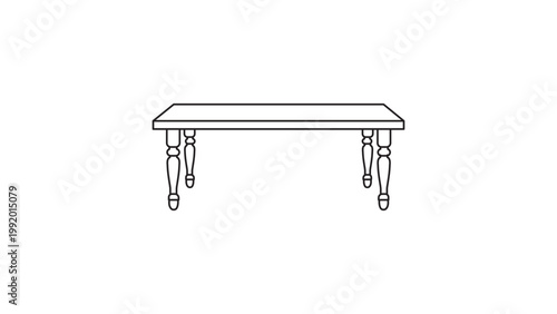 Minimalist Dining Table Vector Icon with Editable Stroke. Black line illustration of a rectangular wooden table with ornate turned legs, perfect for interior design, furniture, and home decor.