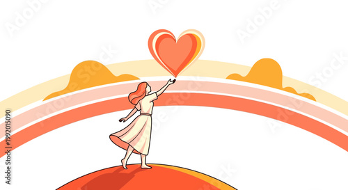 Woman reaching for glowing heart above abstract rainbow and hills, symbolizing hope and love