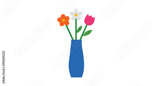 Modern flat vector illustration of a blue vase holding three colorful flowers, including an orange daisy, a white flower, and a pink tulip, isolated on a white background for spring decor.