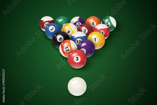 Billiard balls pool. Snooker ball triangle rack ready play game, realistic billiard sphere eight numbers green background sport gambling cue tournament, exact vector illustration