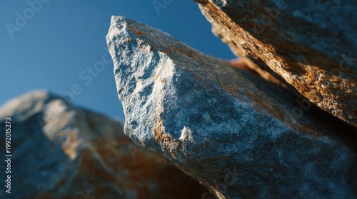 Close-up of a rock formation. the rock appears to be weathered and has a rough texture. the surface of the rock is covered in patches of blue and orange lichen. the background is a clear blue sky.