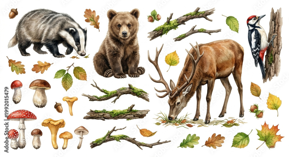 Obraz premium European Woodland Animals and Forest Elements Clipart Set