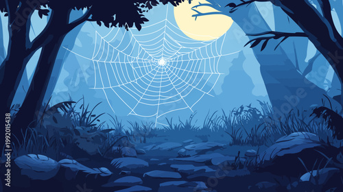 Illustration of a forest path with a spiderweb, moon in sky, and trees in cool color palette