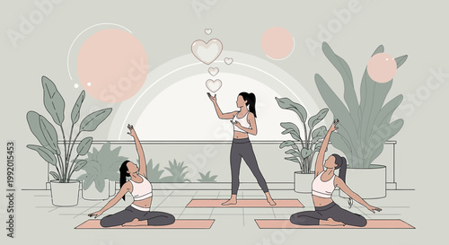Woman leads yoga class online, virtual fitness, healthy lifestyle, home workout, digital wellness