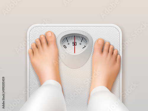 Realistic feet scales. Woman foot standing on bathroom scale, weight balance floor weighing top view obesity fat body fitness diet control mass loss garish vector illustration