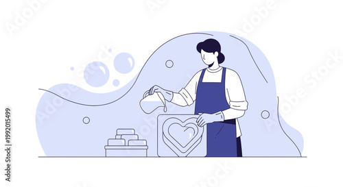 Woman making handmade soap with heart mold, creative hobby, artisanal soap making process