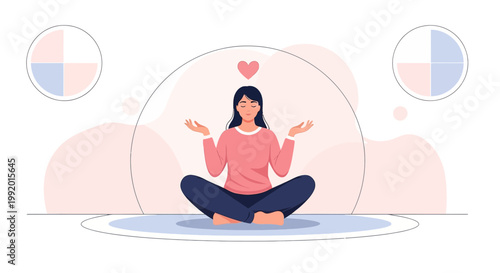 Woman Meditating in Lotus Pose with Heart Symbol, Inner Peace and Mindfulness