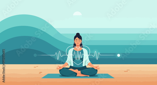 Woman Meditating on Beach with Heartbeat and Waves, Symbolizing Health and Serenity