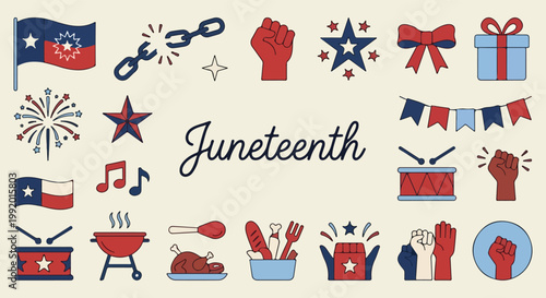 Juneteenth vector icon set with African American freedom symbols flag broken chains raised fist and celebration elements flat illustration