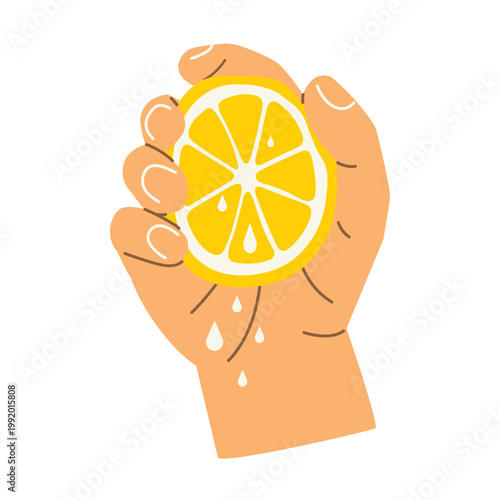 hand squeezing lemon, fresh citrus juice dripping, lemonade making- vector illustration