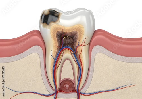 Illustration of a tooth with a visible cavity and root canal system