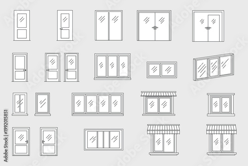 Minimalist window and door line icons set for architectural drawings and home renovation projects isolated on grey background.