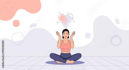 Woman Meditating with Heart Symbol, Promoting Love and Well-being