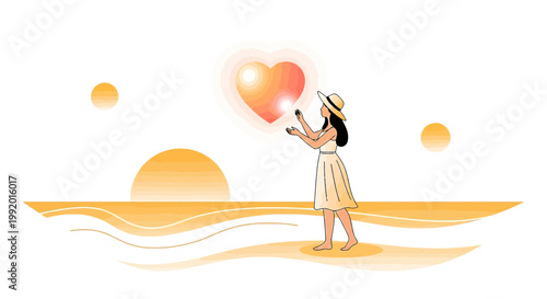 Woman on beach creating glowing heart with hands, sunset, abstract shapes, love, romance