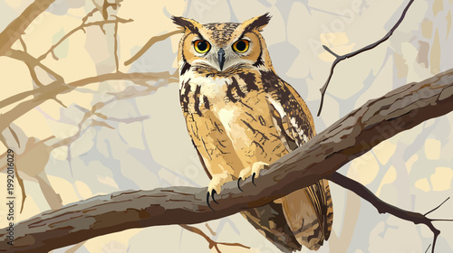 A detailed illustration of an owl perched on a branch, set against a muted, stylized tree background
