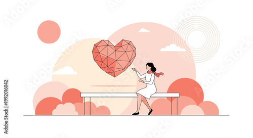 Woman on Bench Interacting with Abstract Geometric Heart, Love Concept