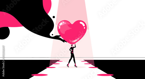 Woman on Catwalk Holding Giant Pink Heart, Abstract Shapes, Spotlight, Fashion Show Concept