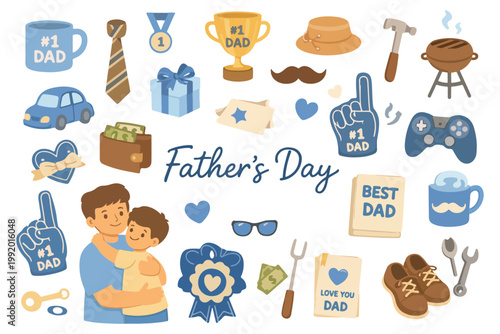 Father's Day vector icon set with father and son illustration #1 Dad trophies tools grill and gaming symbols flat style
