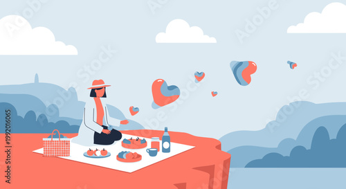 Woman on cliff picnic with floating abstract heart shapes, serene landscape