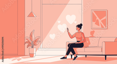 Woman on Couch with Smartphone, Sending Love Hearts, Social Media Connection, Cozy Home Interior