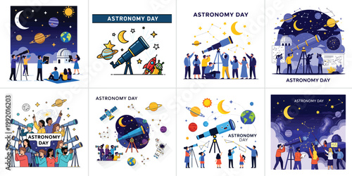Astronomy Day Celebration Vector Illustration with Space Elements and Telescope