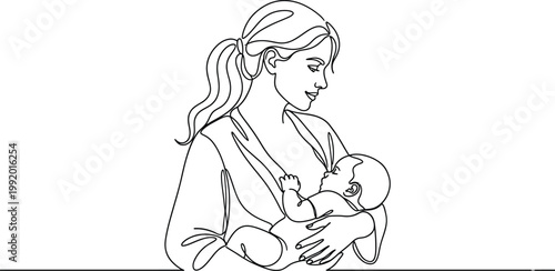 Minimalist Mother Breastfeeding Baby Continuous Line Art Vector