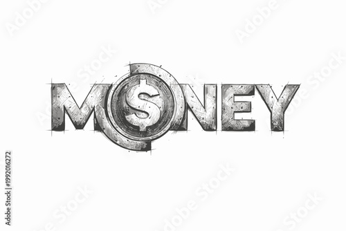 Monetary symbols and currency in artistic pencil sketch of the word Money, representing financial concepts, wealth, and economic growth