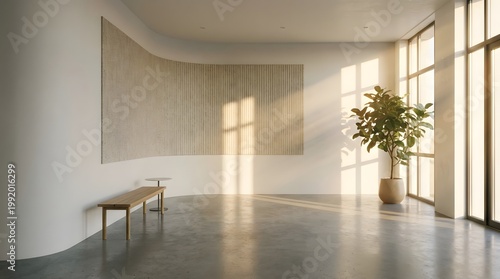Modern minimalist interior bathed in natural light with large artwork and a potted plant by expansive