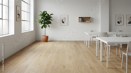 Bright modern interior with white tables and chairs large  and a potted plant creating a clean and functional space