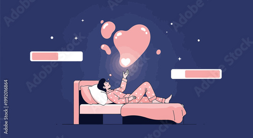 Woman in Bed with Smartphone, Dreaming of Love, Heart Shapes, Abstract Background