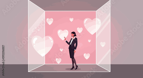 Woman in Box Surrounded by Hearts, Love, Connection, Isolation Concept