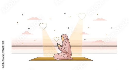 Woman in Hijab Praying on Mat with Glowing Hearts and Light Beams