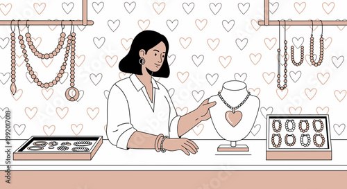 Woman in Jewelry Store Examining Necklace with Heart Pendant