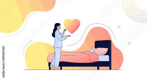 Woman in Pajamas Giving Heart to Bed, Love, Care, Health, Sleep Concept
