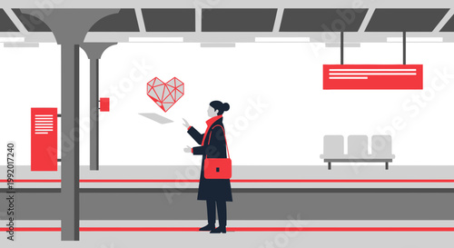 Woman in subway station interacts with glowing abstract heart, symbolizing love and connection