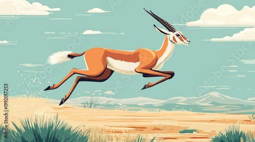 A stylized illustration of a gazelle leaping across a savanna landscape under a cloudy sky