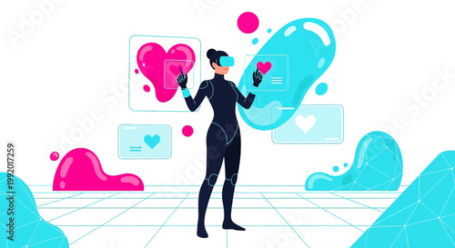 Woman in VR headset interacting with digital hearts and abstract shapes