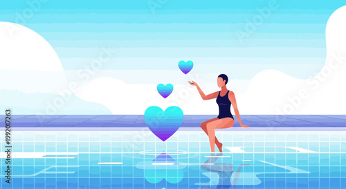 Woman in Swimsuit Sitting by Pool, Releasing Gradient Hearts, Summer Vibes